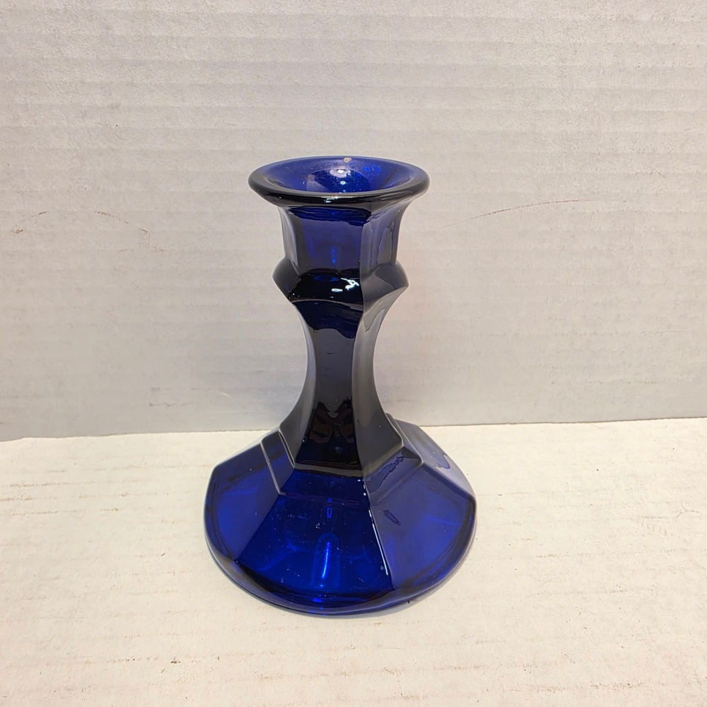 Vintage Cobalt Blue Glass Candlestick Holder Hexagonal Base Taper Candle Stand